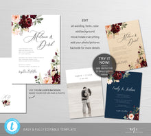 Load image into Gallery viewer, Burgundy Wedding Invitation Set Template, Printable Rustic Merlot Marsala Greenery Suit, Maroon Berry invite, 100% Editable Download 025