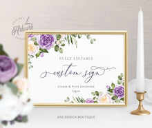 Load image into Gallery viewer, Rustic Floral Wedding Sign Template, Eucalyptus Lavender Purple Roses Editable Table Sign, Printable Custom Wedding Signs, 5x7 8x10, DIY 034
