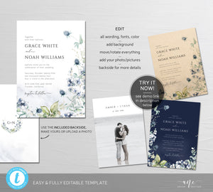 Dusty Blue Wedding Invitation Set Template, Printable Winter Rustic Wildflowers Invite, Pastel Boho Greenery, Editable Instant Download 026