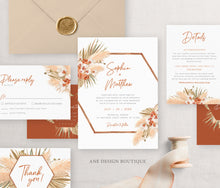 Load image into Gallery viewer, Terracotta Pampas Grass Wedding Invitation Set Template, Boho Hexagon Arch, Dried Palm Leaf, Earthy Tones, Burnt Orange, Instant Download 017