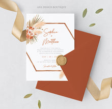 Load image into Gallery viewer, Terracotta Pampas Grass Wedding Invitation Set Template, Boho Hexagon Arch, Dried Palm Leaf, Earthy Tones, Burnt Orange, Instant Download 017