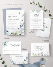 Load image into Gallery viewer, Dusty Blue Wedding Invitation Set Template, Printable Winter Rustic Wildflowers Invite, Pastel Boho Greenery, Editable Instant Download 026