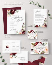 Load image into Gallery viewer, Burgundy Wedding Invitation Set Template, Printable Rustic Merlot Marsala Greenery Suit, Maroon Berry invite, 100% Editable Download 025