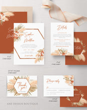 Load image into Gallery viewer, Terracotta Pampas Grass Wedding Invitation Set Template, Boho Hexagon Arch, Dried Palm Leaf, Earthy Tones, Burnt Orange, Instant Download 017