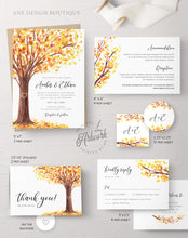 Load image into Gallery viewer, Rustic Fall Tree Wedding Invitation Set Printable Template, Autumn Old Oak Carved Heart, Burned Orange Leaves 100% Editable Download DIY 020
