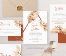 Load image into Gallery viewer, Terracotta Boho Wedding Invitation Set Template, Pampas Grass Dried Palm Leaf, Fall Winter, Earthy Tones Burnt Orange, Instant Download, 017