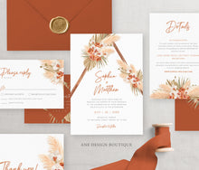 Load image into Gallery viewer, Terracotta Boho Wedding Invitation Set Template, Pampas Grass Dried Palm Leaf, Fall Winter, Earthy Tones Burnt Orange, Instant Download, 017