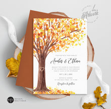 Load image into Gallery viewer, Rustic Fall Tree Wedding Invitation Set Printable Template, Autumn Old Oak Carved Heart, Burned Orange Leaves 100% Editable Download DIY 020
