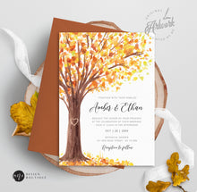 Load image into Gallery viewer, Rustic Fall Tree Wedding Invitation Set Printable Template, Autumn Old Oak Carved Heart, Burned Orange Leaves 100% Editable Download DIY 020