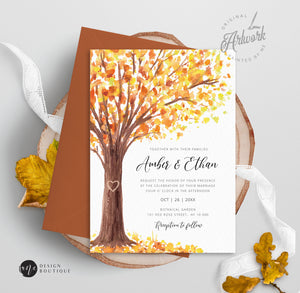 Rustic Fall Tree Wedding Invitation Set Printable Template, Autumn Old Oak Carved Heart, Burned Orange Leaves 100% Editable Download DIY 020