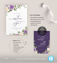 Load image into Gallery viewer, Rustic Floral Wedding Sign Template, Eucalyptus Lavender Purple Roses Editable Table Sign, Printable Custom Wedding Signs, 5x7 8x10, DIY 034