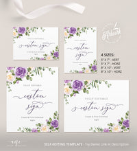 Load image into Gallery viewer, Rustic Floral Wedding Sign Template, Eucalyptus Lavender Purple Roses Editable Table Sign, Printable Custom Wedding Signs, 5x7 8x10, DIY 034