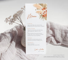 Load image into Gallery viewer, Terracotta Boho Wedding Menu Template, Desert Pampas Grass Printable Dinner Menu Card, Earthy Tones Burnt Orange, Editable, Download DIY 017