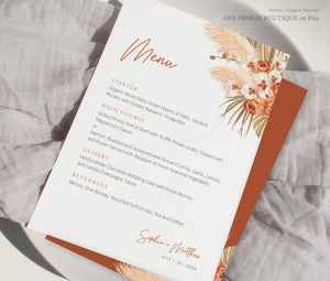 Terracotta Boho Wedding Menu Template, Desert Pampas Grass Printable Dinner Menu Card, Earthy Tones Burnt Orange, Editable, Download DIY 017