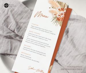 Terracotta Boho Wedding Menu Template, Desert Pampas Grass Printable Dinner Menu Card, Earthy Tones Burnt Orange, Editable, Download DIY 017