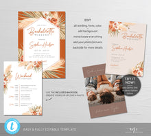 Load image into Gallery viewer, Terracotta Bachelorette Invite Itinerary Editable Template, Boho Pampas Grass Weekend Program, Desert Earthy Palm Printable Download DIY 017