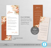 Load image into Gallery viewer, Terracotta Boho Wedding Menu Template, Desert Pampas Grass Printable Dinner Menu Card, Earthy Tones Burnt Orange, Editable, Download DIY 017
