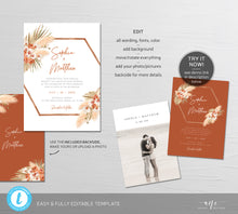 Load image into Gallery viewer, Terracotta Pampas Grass Wedding Invitation Set Template, Boho Hexagon Arch, Dried Palm Leaf, Earthy Tones, Burnt Orange, Instant Download 017