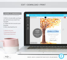 Load image into Gallery viewer, Rustic Fall Tree Wedding Invitation Set Printable Template, Autumn Old Oak Carved Heart, Burned Orange Leaves 100% Editable Download DIY 020