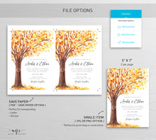 Load image into Gallery viewer, Rustic Fall Tree Wedding Invitation Set Printable Template, Autumn Old Oak Carved Heart, Burned Orange Leaves 100% Editable Download DIY 020