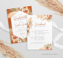 Load image into Gallery viewer, Terracotta Bachelorette Invite Itinerary Editable Template, Boho Pampas Grass Weekend Program, Desert Earthy Palm Printable Download DIY 017