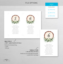 Load image into Gallery viewer, Rustic Wood Slice Seating Chart Template, Table Number Cards, Baby's Breath Greenery, Country Barn Wedding Signs, Editable Printable DIY 018