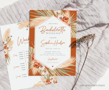 Load image into Gallery viewer, Terracotta Bachelorette Invite Itinerary Editable Template, Boho Pampas Grass Weekend Program, Desert Earthy Palm Printable Download DIY 017
