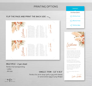 Terracotta Pampas Grass Welcome Letter Itinerary Template, Boho Event Timeline Editable Welcome Bag Weekend Schedule, Printable, Download 017