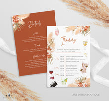 Load image into Gallery viewer, Bachelorette Pampas Grass Itinerary Details Editable Template, Boho Terracotta Weekend Program, Desert Earthy Palm, Printable Download 017