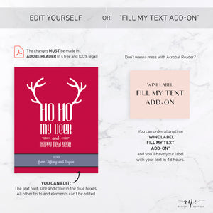 Printable Christmas Wine Label Template - Editable PDF - Personalized Funny Christmas Wine Bottle Labels / Ho Ho My Deer - Card Alternative