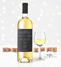 Load image into Gallery viewer, Holiday Christmas Wine Label Template - Editable Text In PDF - Personalized Christmas Wine Bottle Labels / Love Joy Peace - Card Alternative