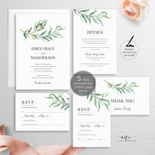 Load image into Gallery viewer, Greenery Wedding Invitation Set Template, Leaf Original Watercolor Artwork, Boho Wedding Invitation, 100% Editable, Printable Download 001