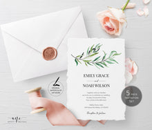 Load image into Gallery viewer, Greenery Wedding Invitation Set Template, Leaf Original Watercolor Artwork, Boho Wedding Invitation, 100% Editable, Printable Download 001
