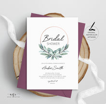 Load image into Gallery viewer, Leafy Hoop Bridal Shower Invitation Template, Greenery Wedding Shower, Original Watercolor Artwork, Templett 100% Editable, Printable, 004