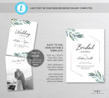 Load image into Gallery viewer, Geometrical Greenery Bridal Shower Invitation Template, Boho Wedding Shower Eucalyptus, 100% Editable, Printable, DIY, Instant Download 004