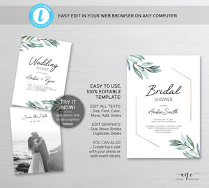 Geometrical Greenery Bridal Shower Invitation Template, Boho Wedding Shower Eucalyptus, 100% Editable, Printable, DIY, Instant Download 004