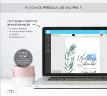 Load image into Gallery viewer, Greenery Couples Shower Invitation Template, Simple Wedding Shower, Eucalyptus Spring Watercolor Art, Templett 100% Editable, Printable #004