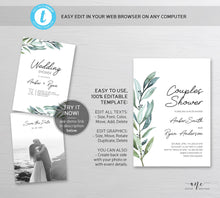 Load image into Gallery viewer, Greenery Couples Shower Invitation Template, Simple Wedding Shower, Eucalyptus Spring Watercolor Art, Templett 100% Editable, Printable #004