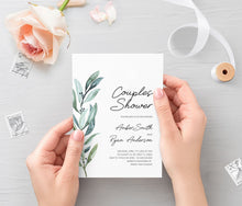 Load image into Gallery viewer, Greenery Couples Shower Invitation Template, Simple Wedding Shower, Eucalyptus Spring Watercolor Art, Templett 100% Editable, Printable #004