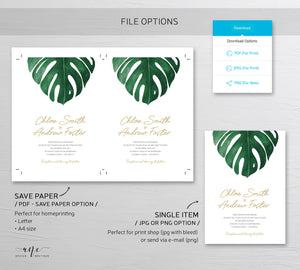 Tropical Wedding Invitation Suite Template, Monstera Palm Leaf Watercolor, Beach Wedding Invite, 100% Editable, Printable, Download 003