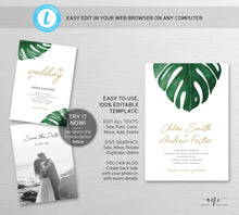 Load image into Gallery viewer, Tropical Wedding Invitation Suite Template, Monstera Palm Leaf Watercolor, Beach Wedding Invite, 100% Editable, Printable, Download 003