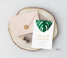 Load image into Gallery viewer, Tropical Wedding Invitation Suite Template, Monstera Palm Leaf Watercolor, Beach Wedding Invite, 100% Editable, Printable, Download 003
