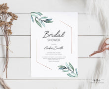 Load image into Gallery viewer, Geometrical Greenery Bridal Shower Invitation Template, Boho Wedding Shower Eucalyptus, 100% Editable, Printable, DIY, Instant Download 004