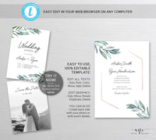 Load image into Gallery viewer, Geometric Eucalyptus Wedding Invitation Set Template, Unique Watercolor Artwork, Rose Gold Wedding Invite, Editable Templett, Printable, 004