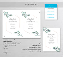 Load image into Gallery viewer, Geometric Eucalyptus Wedding Invitation Set Template, Unique Watercolor Artwork, Rose Gold Wedding Invite, Editable Templett, Printable, 004