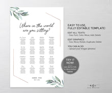 Load image into Gallery viewer, Geometric Eucalyptus Seating Chart Template, Where in the world, Greenery Wedding Signs, Watercolor Artwork, 100% Editable, Printable, 004