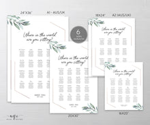 Load image into Gallery viewer, Geometric Eucalyptus Seating Chart Template, Where in the world, Greenery Wedding Signs, Watercolor Artwork, 100% Editable, Printable, 004
