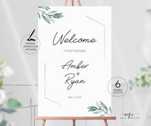 Load image into Gallery viewer, Eucalyptus Wedding Welcome Sign Template, Geometric Rose Gold, Greenery Wedding Signs, Original Watercolor Art, 100% Editable Printable, 004