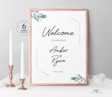 Load image into Gallery viewer, Eucalyptus Wedding Welcome Sign Template, Geometric Rose Gold, Greenery Wedding Signs, Original Watercolor Art, 100% Editable Printable, 004