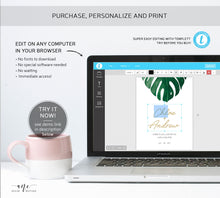 Load image into Gallery viewer, Tropical Wedding Wine Label Template, Monstera Palm Leaf Watercolor, Beach Wedding Bridal Shower, Templett Editable, Printable, Download 003